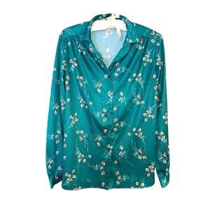 Vintage 70s Sears "The Shirt" Green Floral Polyester Grannycore Blouse Size 12